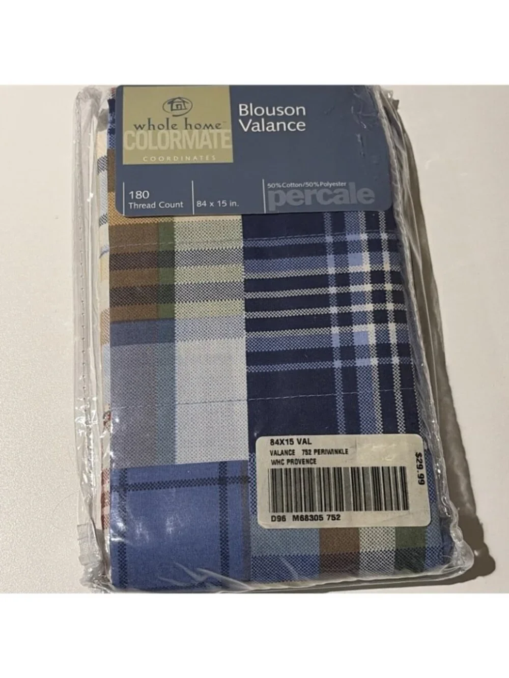 VTG SEARS Whole Home Blouson Valance Periwinkle Blue Plaid Provence 84X15